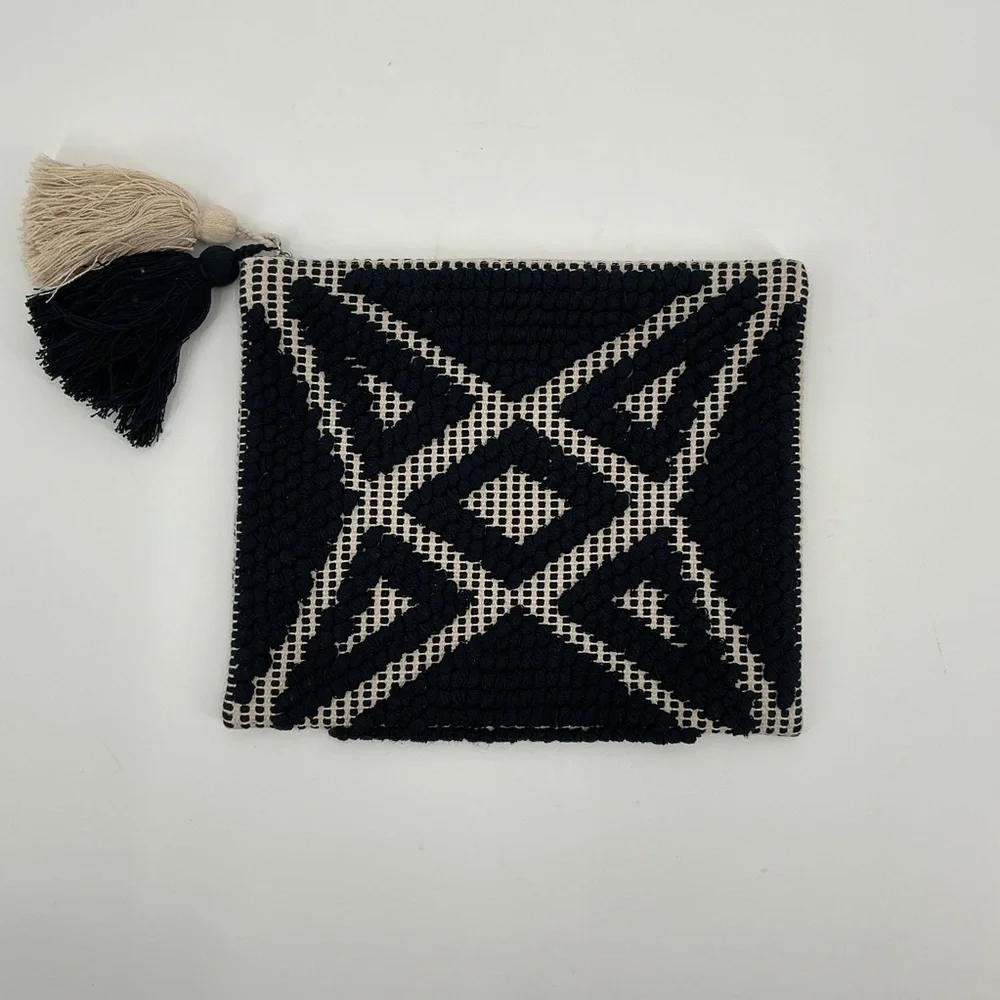 Navy and Cream Bohemian Geometric Patterned Clutch with tassel